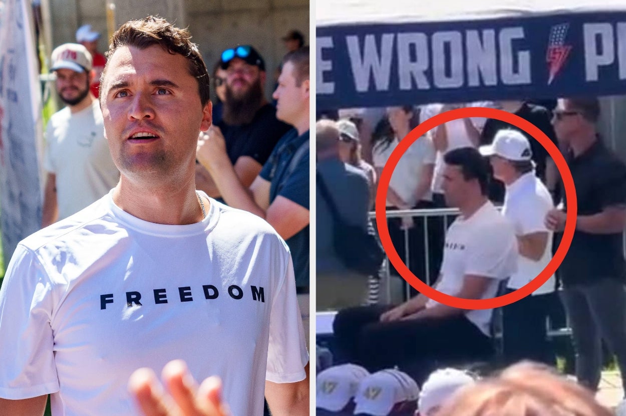 A man in a "FREEDOM" shirt stands among a crowd. A second image shows him seated, circled for emphasis, at a public event