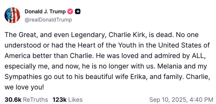 Donald Trump announces Charlie Kirk's decease connected Truth Social