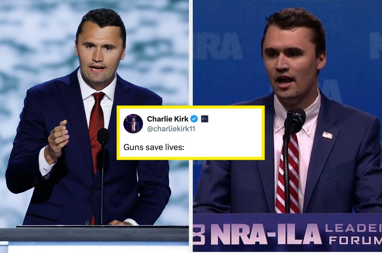 Man in a suit speaking at podium, caption says: "Guns save lives," with a social media handle visible