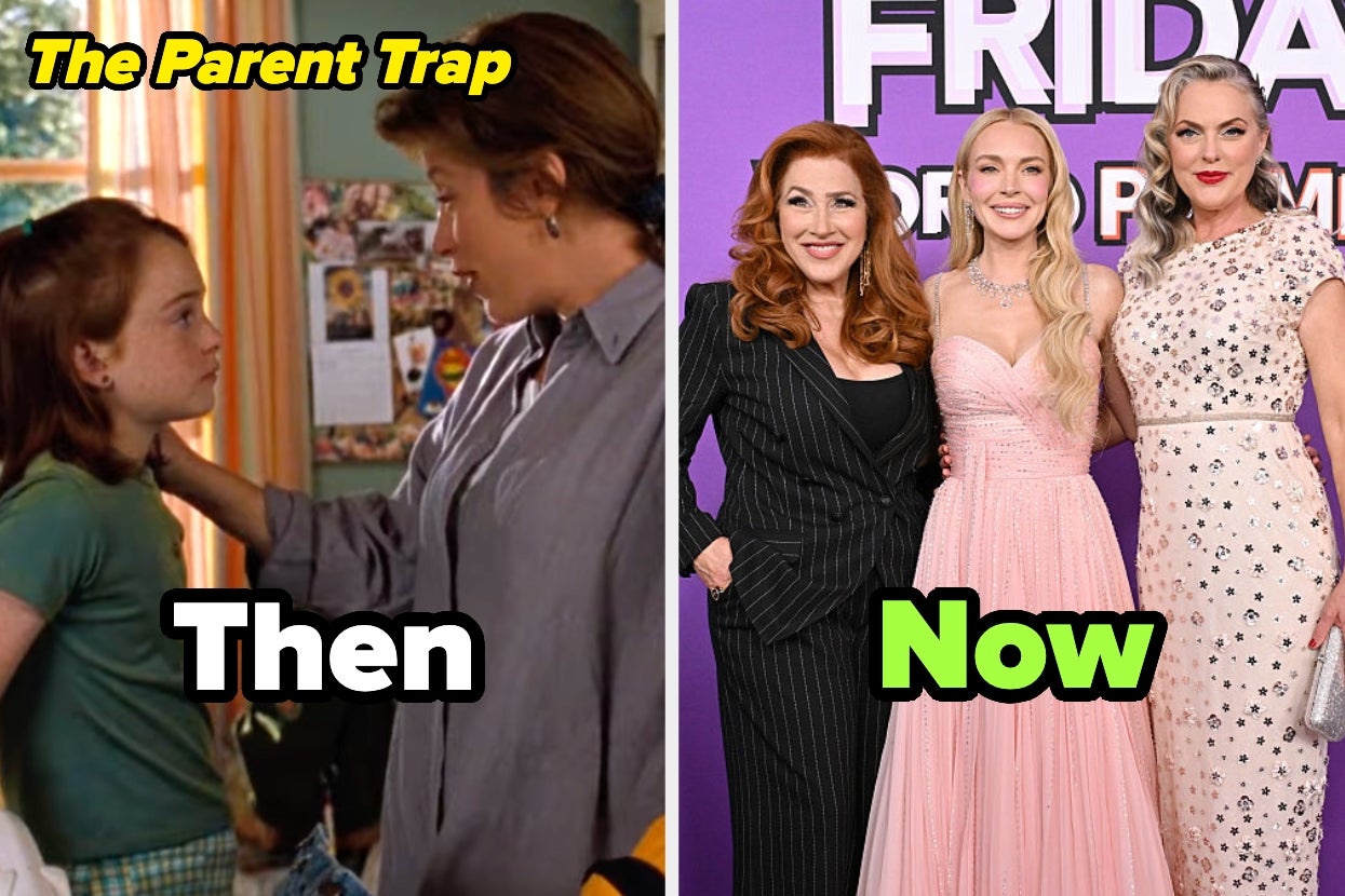 The image shows "The Parent Trap" cast: a scene from the movie beside a reunion with three women posing at an event in stylish dresses