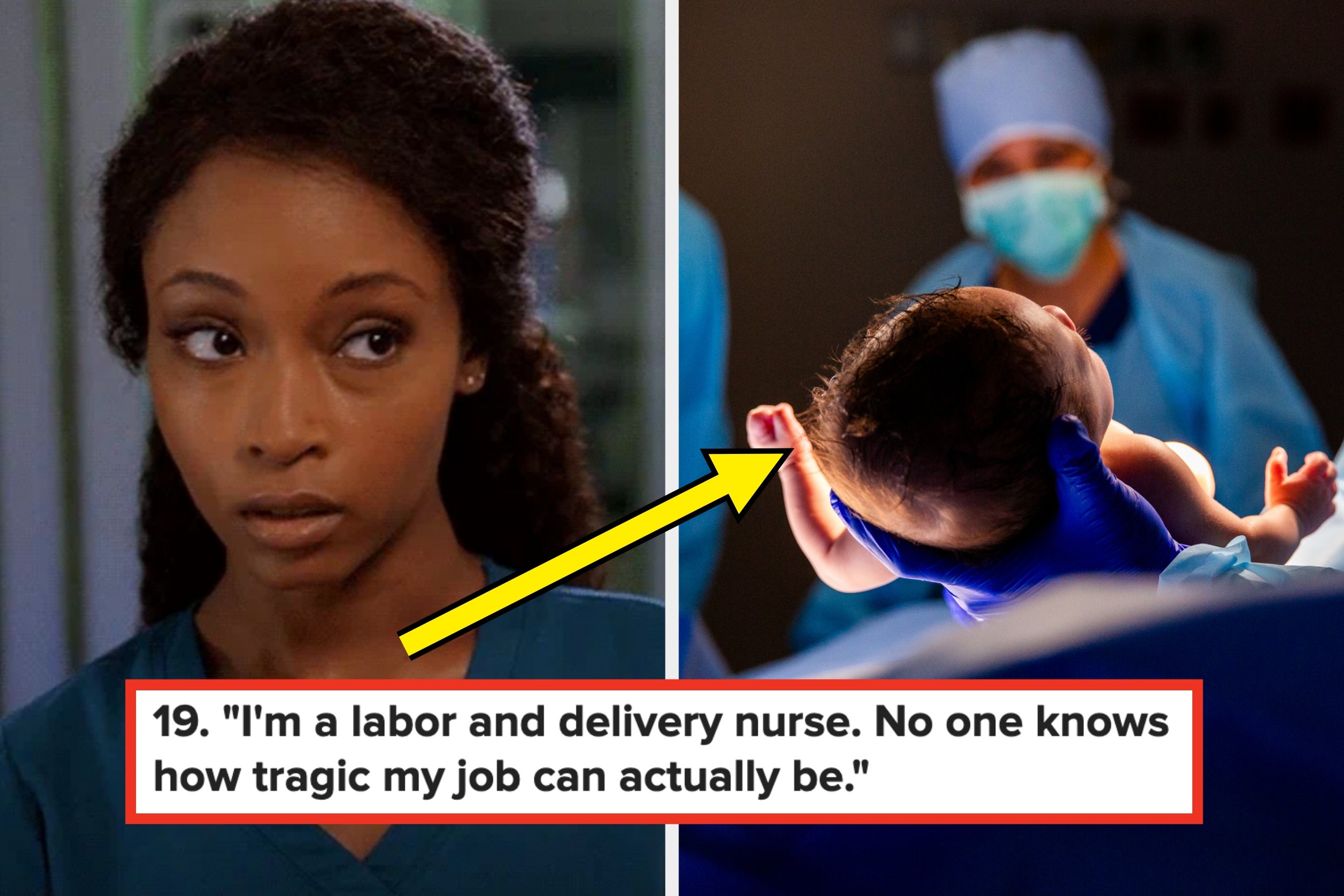 Nurse looks concerned; baby in delivery room; quote: "I'm a labor and delivery nurse; no one knows how tragic my job can actually be"