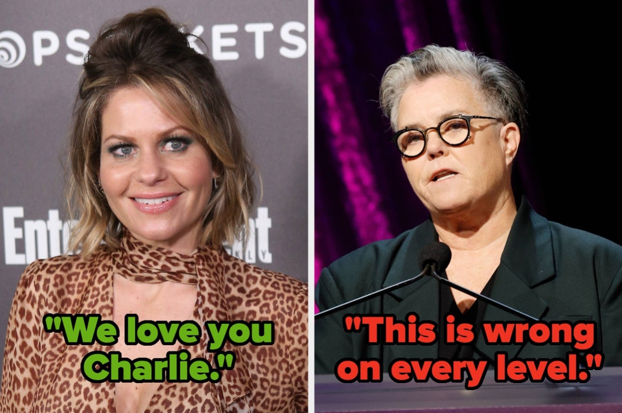 Candace Cameron Bure in an animal print top smiling vs Rosie O'Donnell speaks at a podium