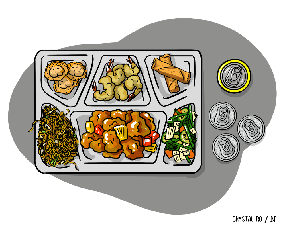 A lunch tray with various foods: noodles, shrimp, spring rolls, veggies, and a main dish. Three soda cans are next to the tray