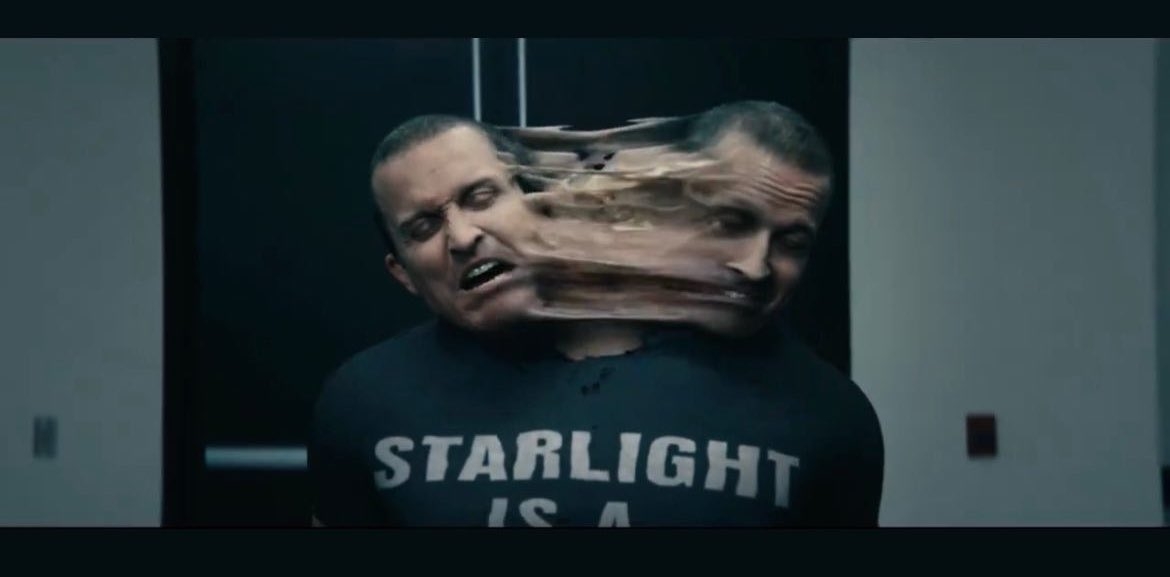 A idiosyncratic   successful  a "Starlight is a..." garment  with a distorted face, suggesting a peculiar   effect   oregon  enactment   scene