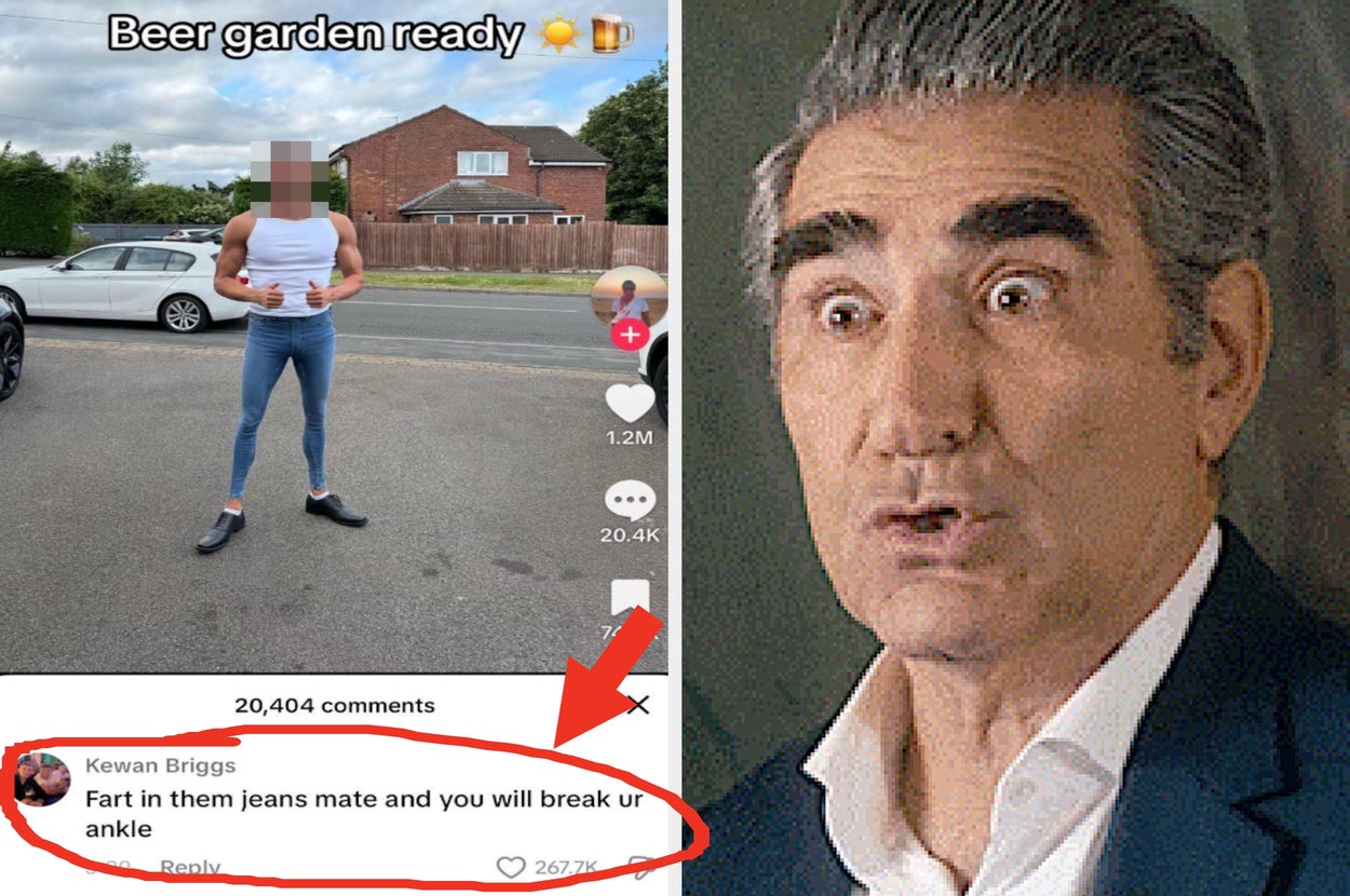 Man posing in tight jeans next to humorous comment; meme features surprised reaction from older man