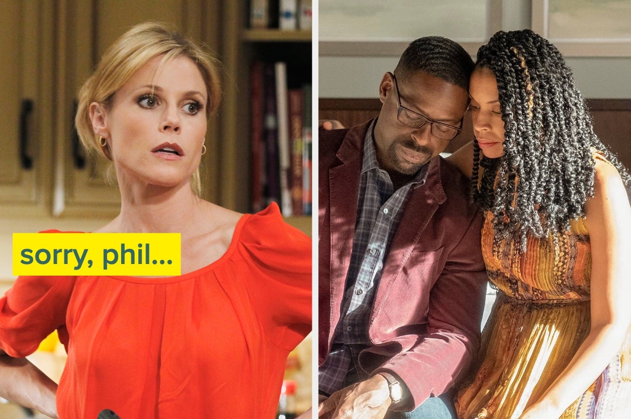 Split image: Woman in a kitchen scene with a concerned look; a couple sitting closely, embracing in a reflective moment. Text: "sorry, phil..."