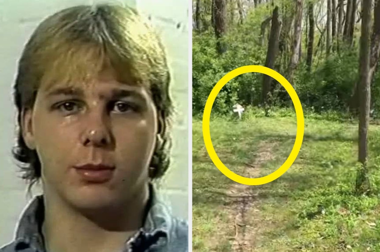 Split image: Left, close-up of person with short hair. Right, forest path with a white cross circled in background