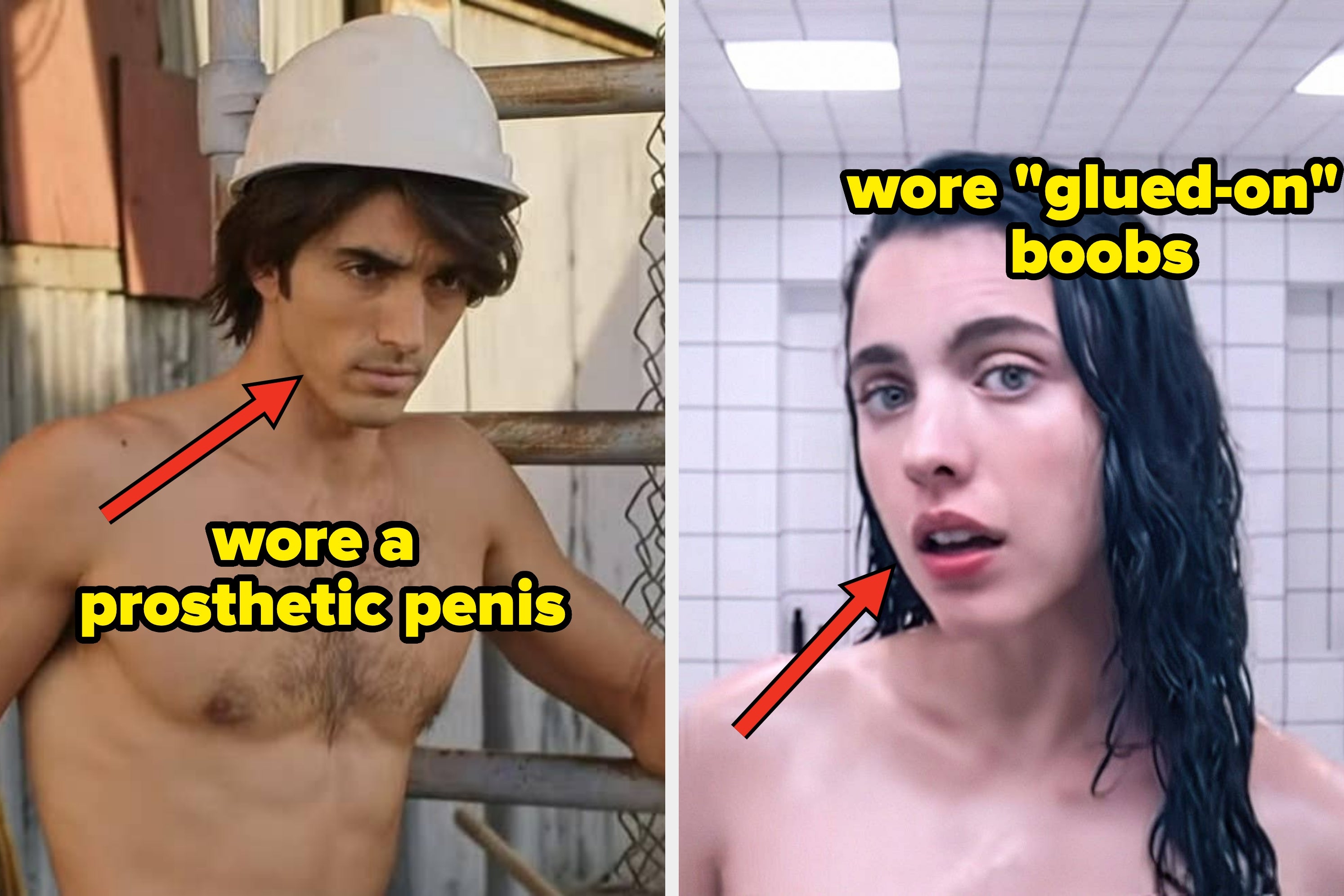 Two actors are depicted in different scenes. One wears a hard hat and is shirtless, the other is wet-haired in a shower. Text notes prosthetic enhancements