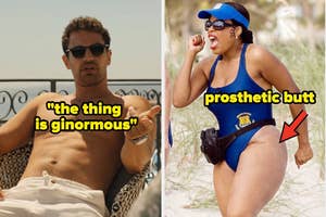 Left: Person in sunglasses gestures, caption says "the thing is ginormous." Right: Person in lifeguard outfit with "prosthetic butt" noted by arrow