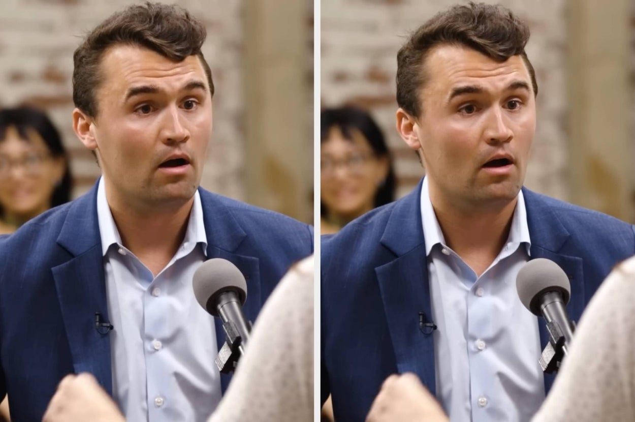 Person in formal attire speaking into a microphone, appearing surprised, in a split-image format. Background includes blurry figures