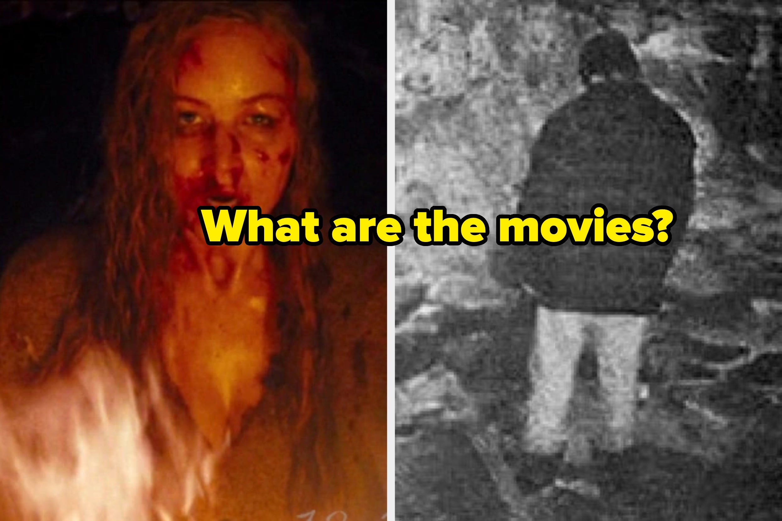 A split image with a woman covered in dirt and possibly blood on the left, and a person standing in the dark on the right. Text asks for movie titles