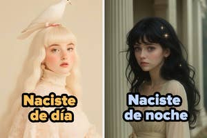 Two women in ethereal outfits, one with light hair and a bird, the other with dark hair. Text: "Naciste de día" and "Naciste de noche."