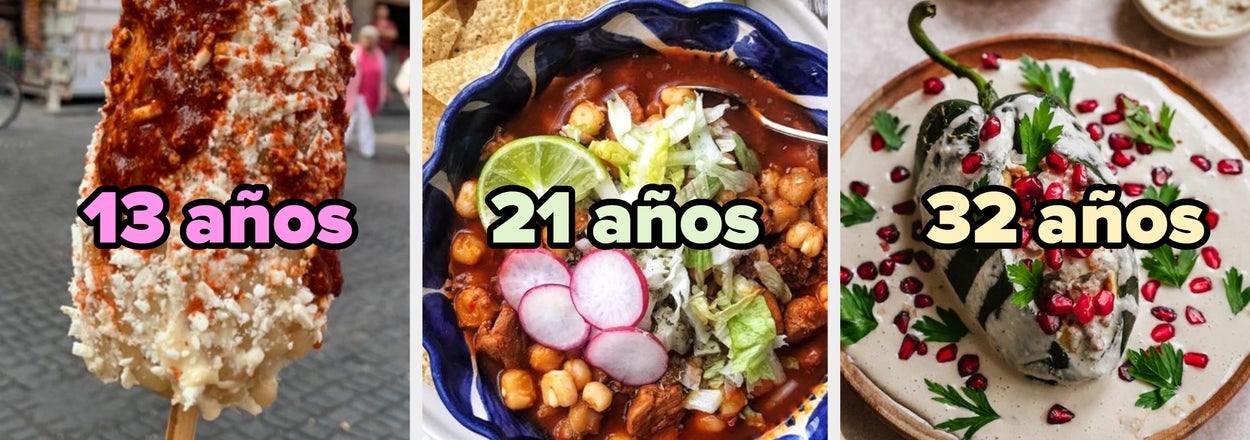 Elote, pozole, and chile en nogada paired with numbers 13, 21, and 32 años, respectively