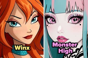 Split image of animated characters: left has a character with long hair and a choker; right has a character with vivid eyes and bangs