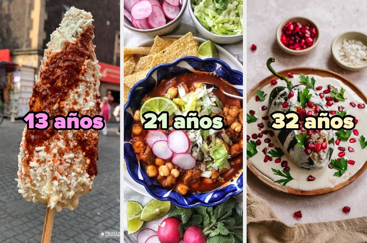 Elote, pozole, and chile en nogada paired with numbers 13, 21, and 32 años, respectively