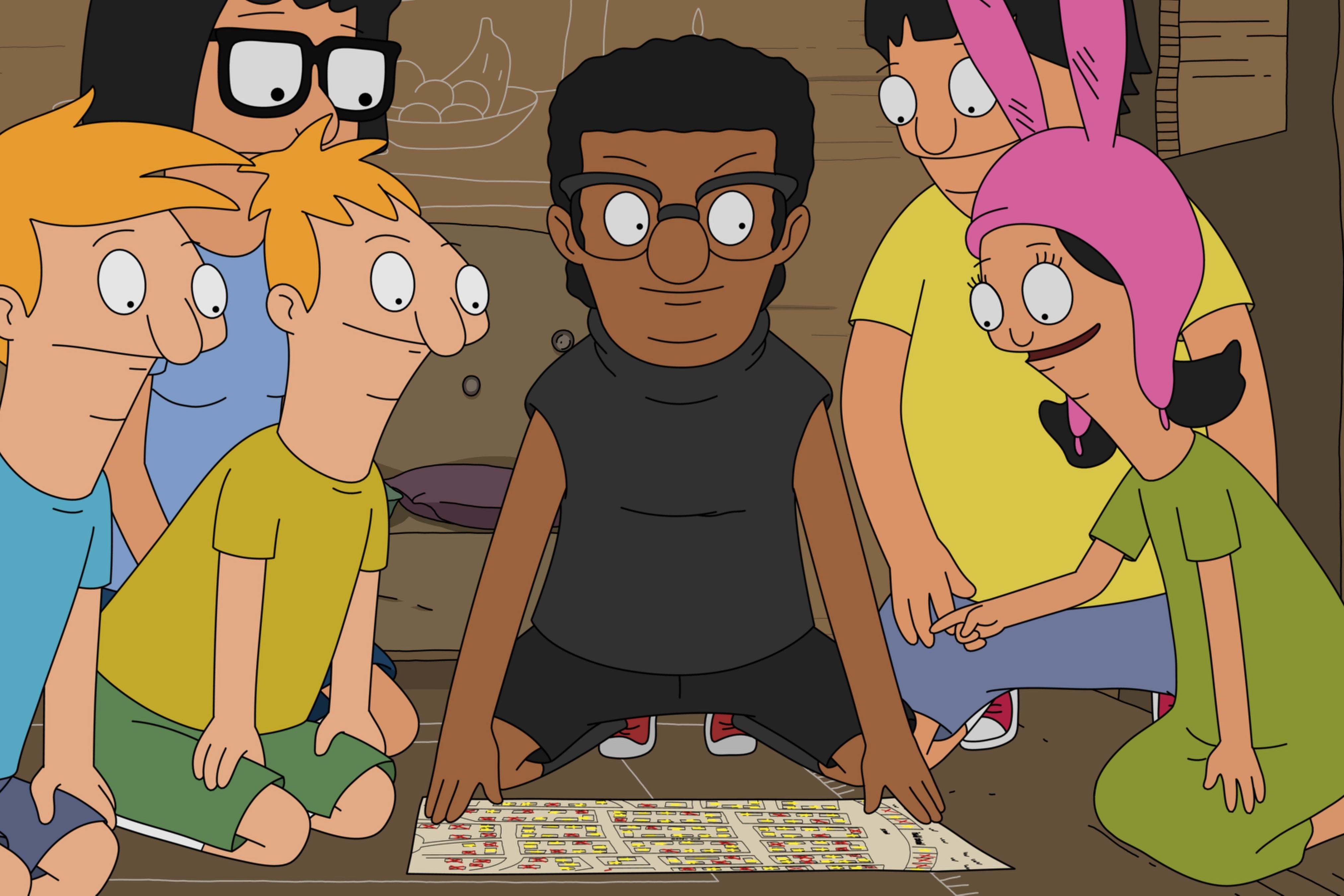 Belcher kids and friends sit inside a fort, looking at a map
