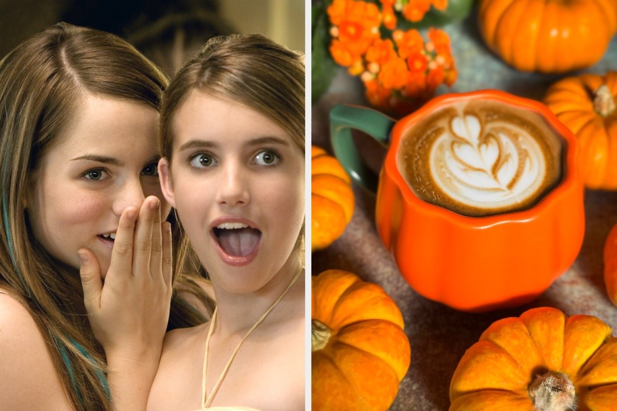 Jojo and Emma Roberts in "Aquamarine" whispering with surprised expression; fall-themed pumpkin latte surrounded by mini pumpkins