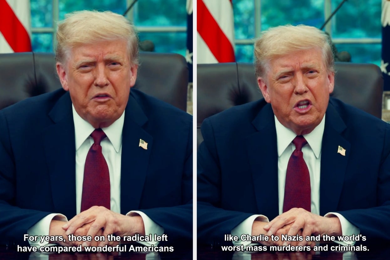 A person in a suit sitting at a desk speaks in a formal setting, with text about comparisons to historical criminals