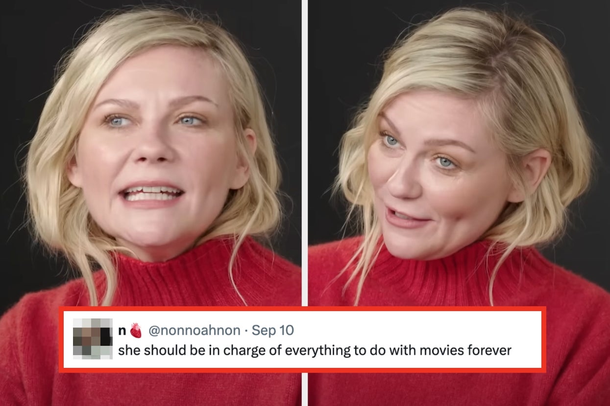 Actor in a red turtleneck speaks expressively in a split image; a tweet praises her leadership in films