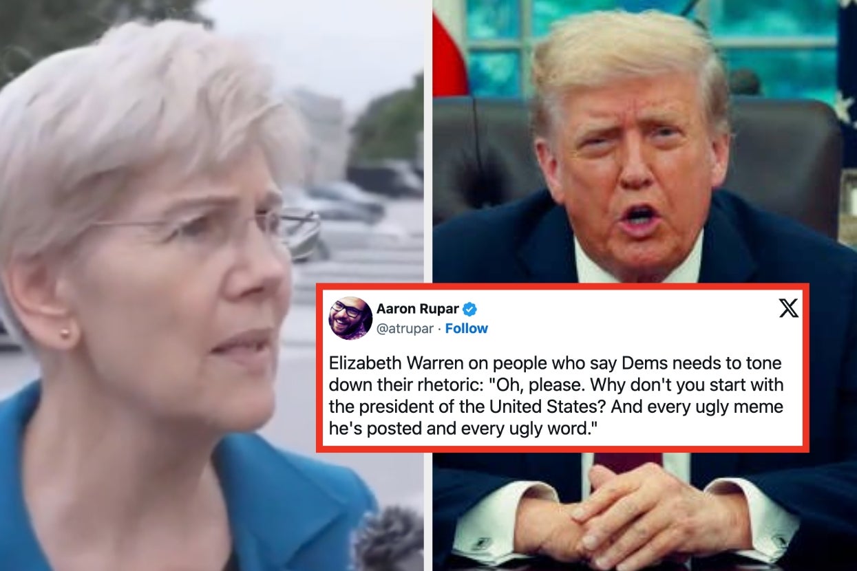 Split image: On the left, a woman speaks outdoors. On the right, a man sits behind a desk. Tweet overlay criticizes political rhetoric