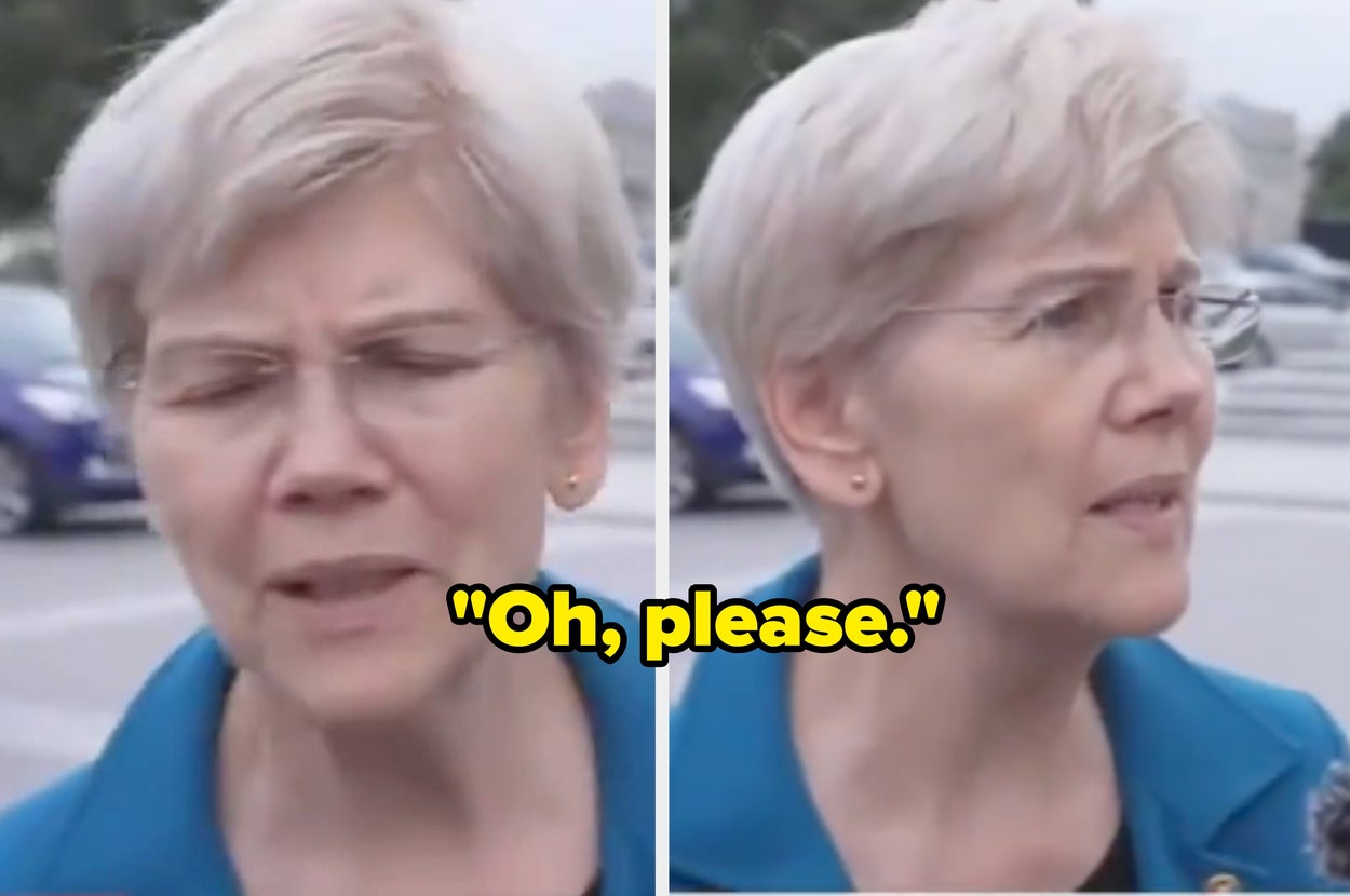 Two images of a woman speaking outside, with captions: "Oh, please." and "Why don't you start with the president of the United States?"