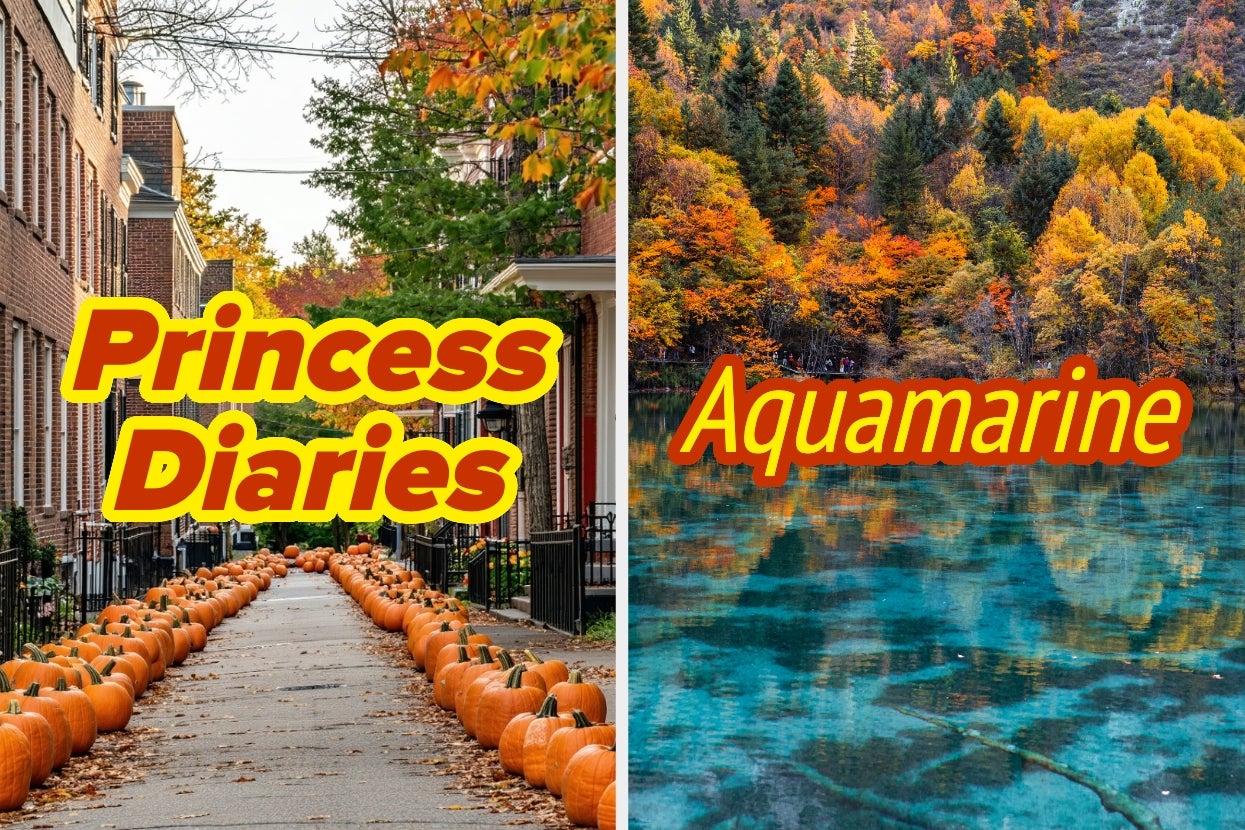 Left: Pathway lined with pumpkins labeled "Princess Diaries." Right: Scenic lake with colorful autumn trees labeled "Aquamarine"