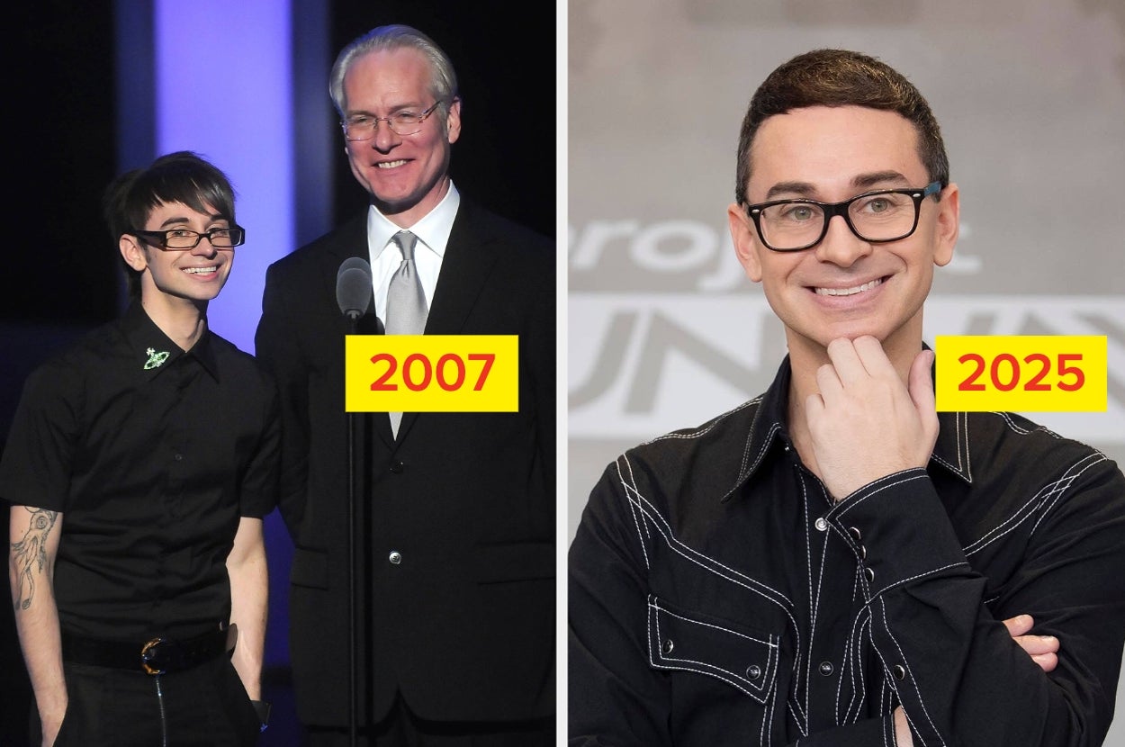 Side-by-side images: On the left, two people standing together at a microphone in 2007. On the right, one person smiling, hand on chin, in 2025