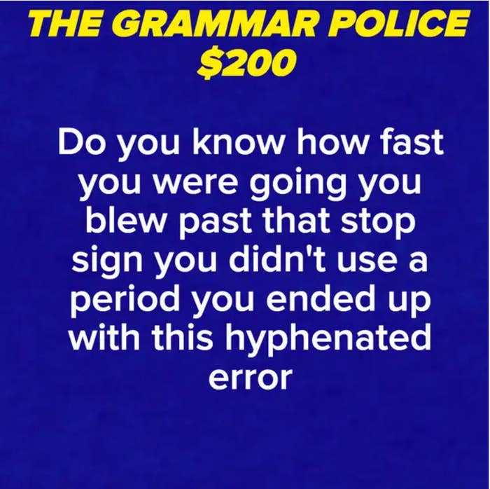 Text from a mock game show clue about grammar errors and punctuation