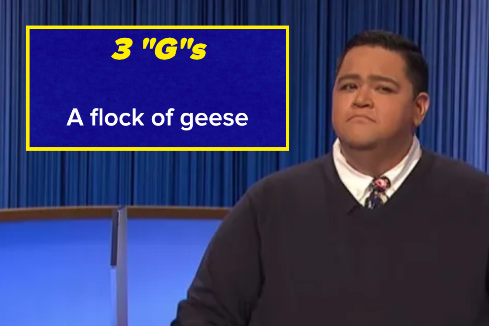 Game show contestant puzzled by question about a flock of geese under the category "3 'G's"