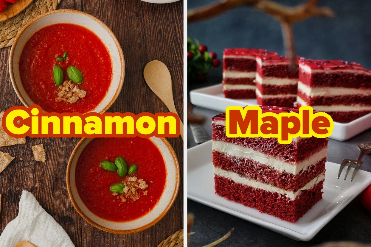 Two bowls of tomato soup labeled "Cinnamon" on the left and slices of layered cake labeled "Maple" on the right