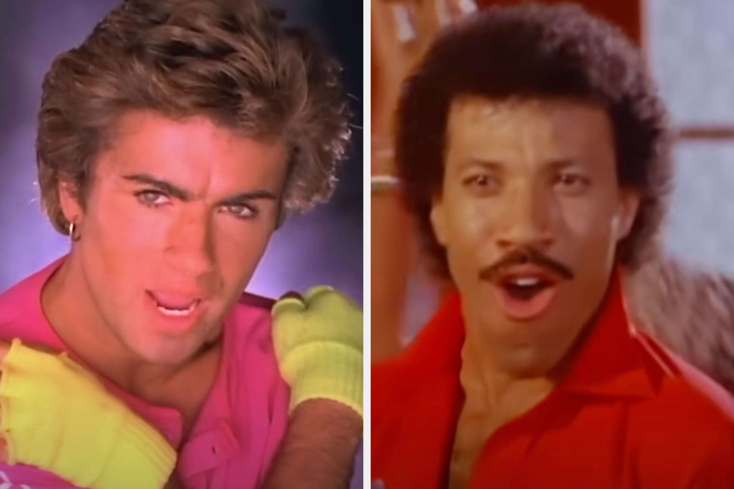 Two singers performing passionately with 80s style. One wears gloves and an earring; the other has a mustache and a vibrant shirt