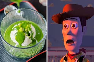 A dessert with green sauce in a glass bowl next to an animated cowboy character with a surprised expression