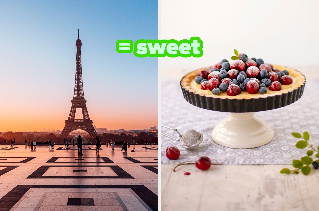Left: Eiffel Tower at sunset with people. Right: Fruit tart on a stand, with berries and powdered sugar. Text: “= sweet” in green