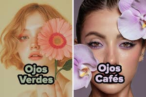 Two women partially obscured by flowers. Left: short hair, holding a pink daisy. Right: styled hair, wearing purple eyeshadow with orchids. Text: "Ojos Verdes" and "Ojos Cafés."