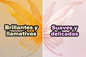 Imagen dividida: a la izquierda, texto "Brillantes y llamativas" con alas; a la derecha, "Suaves y delicadas" con alas