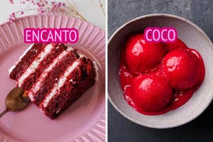 Left: Layered cake slice with label "ENCANTO." Right: Three scoops of bright dessert labeled "COCO."