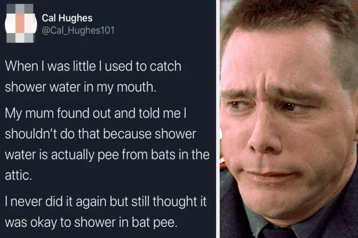 Image of a tweet about shower water being bat pee with a man looking skeptical