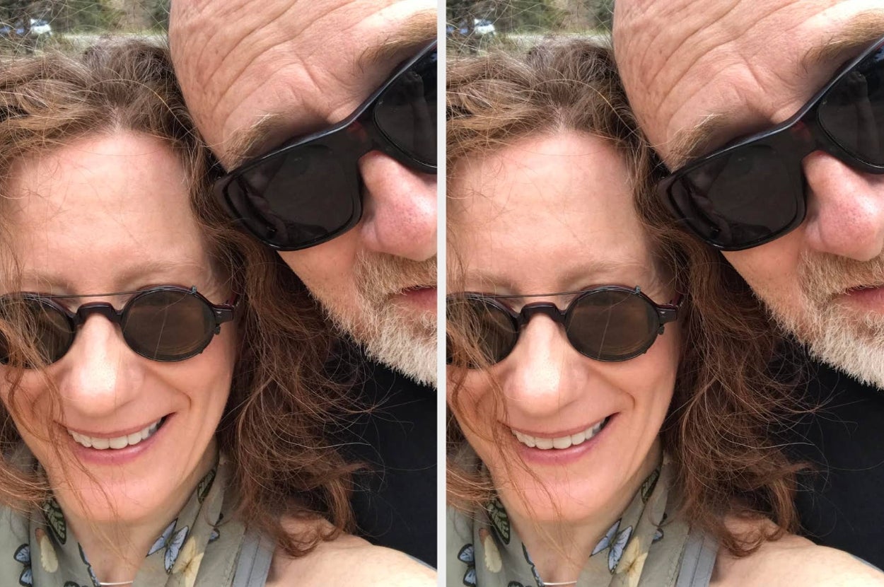 Two people wearing sunglasses, smiling closely for a selfie. The photo is duplicated side by side