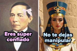Un hombre lleva un lazo rosa con la frase "Eres súper confiado". A la derecha, una mujer con tocado egipcio y la frase "No te dejas manipular"