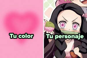 Montaje de un corazón rosa y un personaje animado con expresión intensa. Texto: "Tu color" y "Tu personaje"