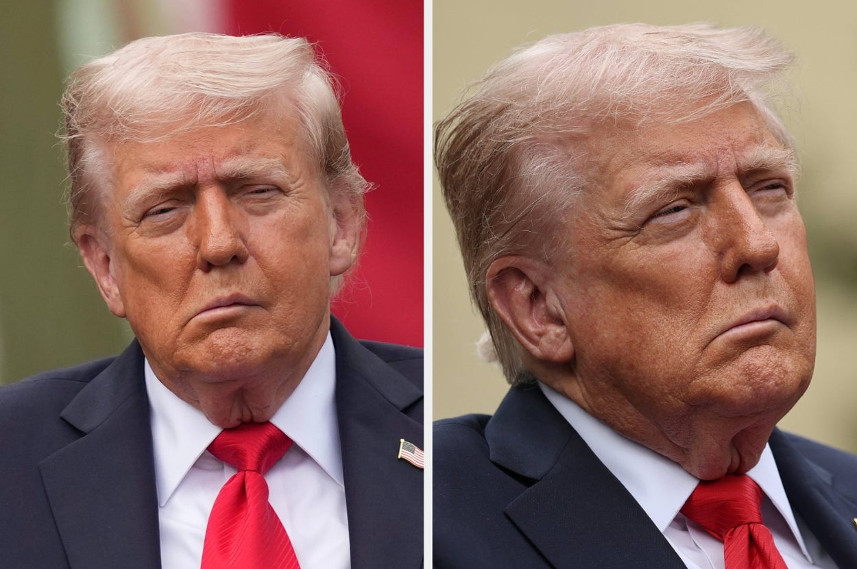 Two side-by-side images of an older man in a suit and red tie, looking serious, with slight differences in expression