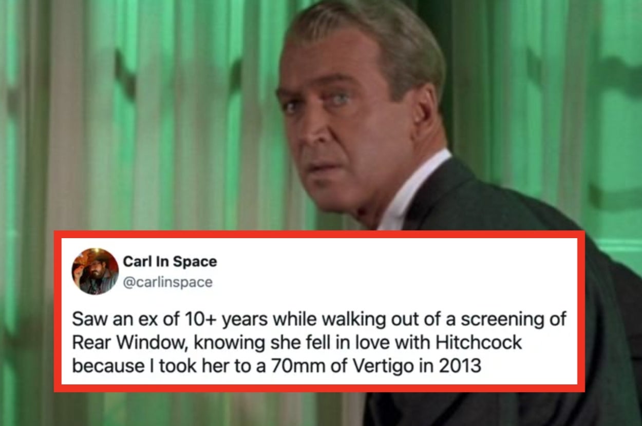 Actor in a scene from "Rear Window" with a tweet overlay about a nostalgic Hitchcock film encounter