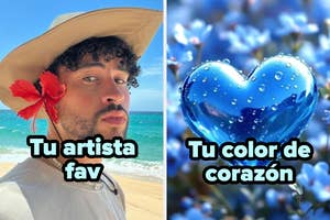 Imagen dividida: izquierda, persona con sombrero y flor; derecha, corazón azul rodeado de flores. Texto: "Tu artista fav" y "Tu color de corazón"