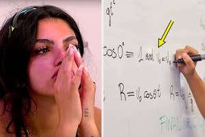A person looks distraught with their hands on their face; another writes complex math equations on a whiteboard