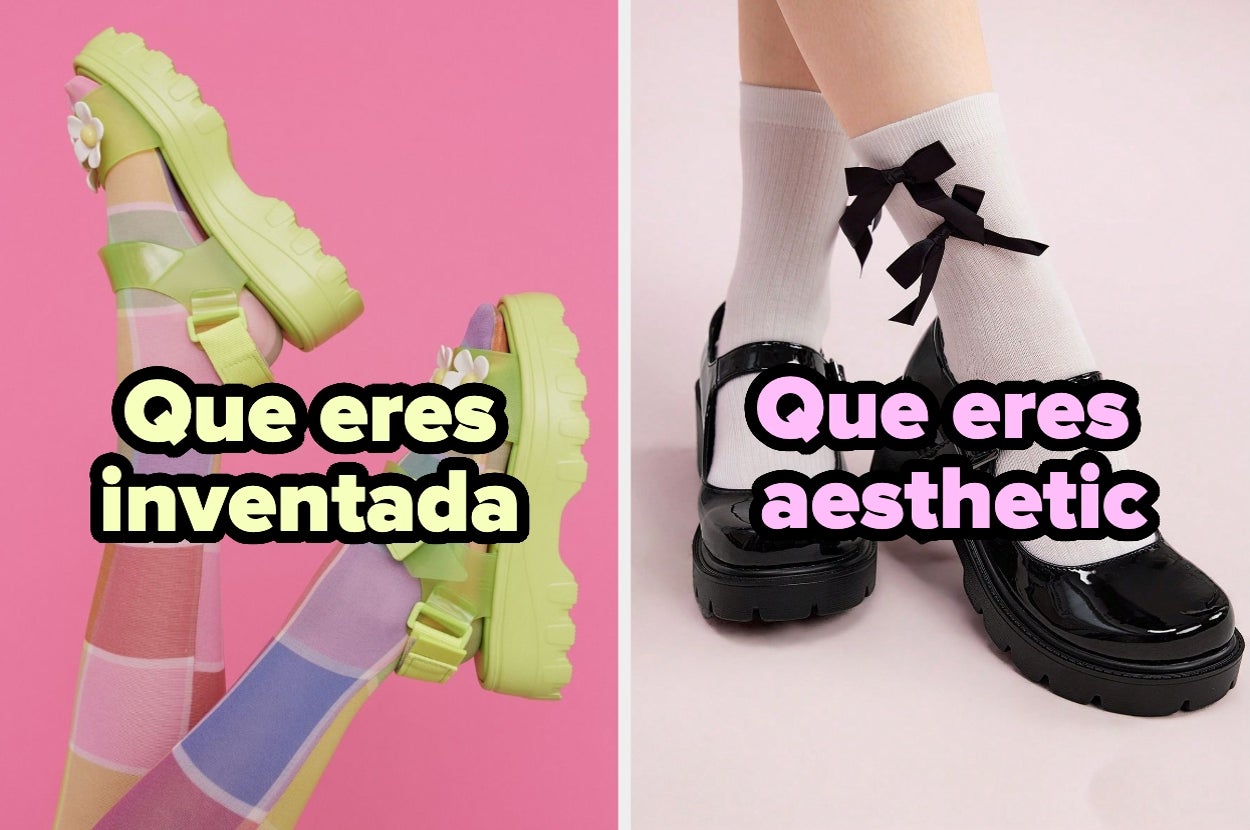 Zapatos estilosos: calzado verde con flores sobre mallas coloridas, y zapatos negros brillantes con calcetas blancas y lazos. Texto humorístico