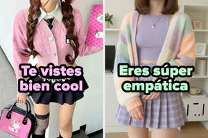 Dos mujeres muestran estilos coloridos de moda Kawaii. Una lleva falda plisada y suéter, la otra con falda a cuadros y cárdigan. Texto: "Te vistes bien cool" y "Eres súper empática"