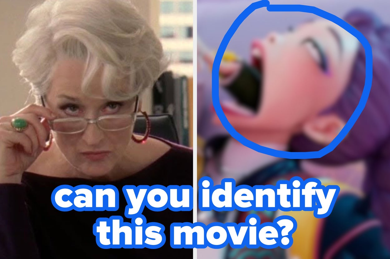 Split image: Left, woman with silver hair adjusting glasses; right, animated character eating sushi. Text: "can you identify this movie?"