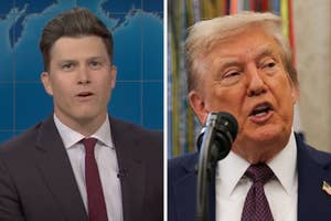 A news anchor in a suit speaks on-screen. A man in a suit speaks into a microphone. Context suggests a news segment or commentary