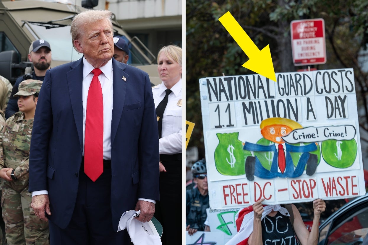 The image shows a man in a suit standing with security. Next to it, a protest sign reads: "National Guard costs 1.1 million a day. Free DC—Stop Waste."