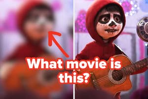 Animated character in a red hooded outfit holding a guitar, with a painted face resembling a skeleton